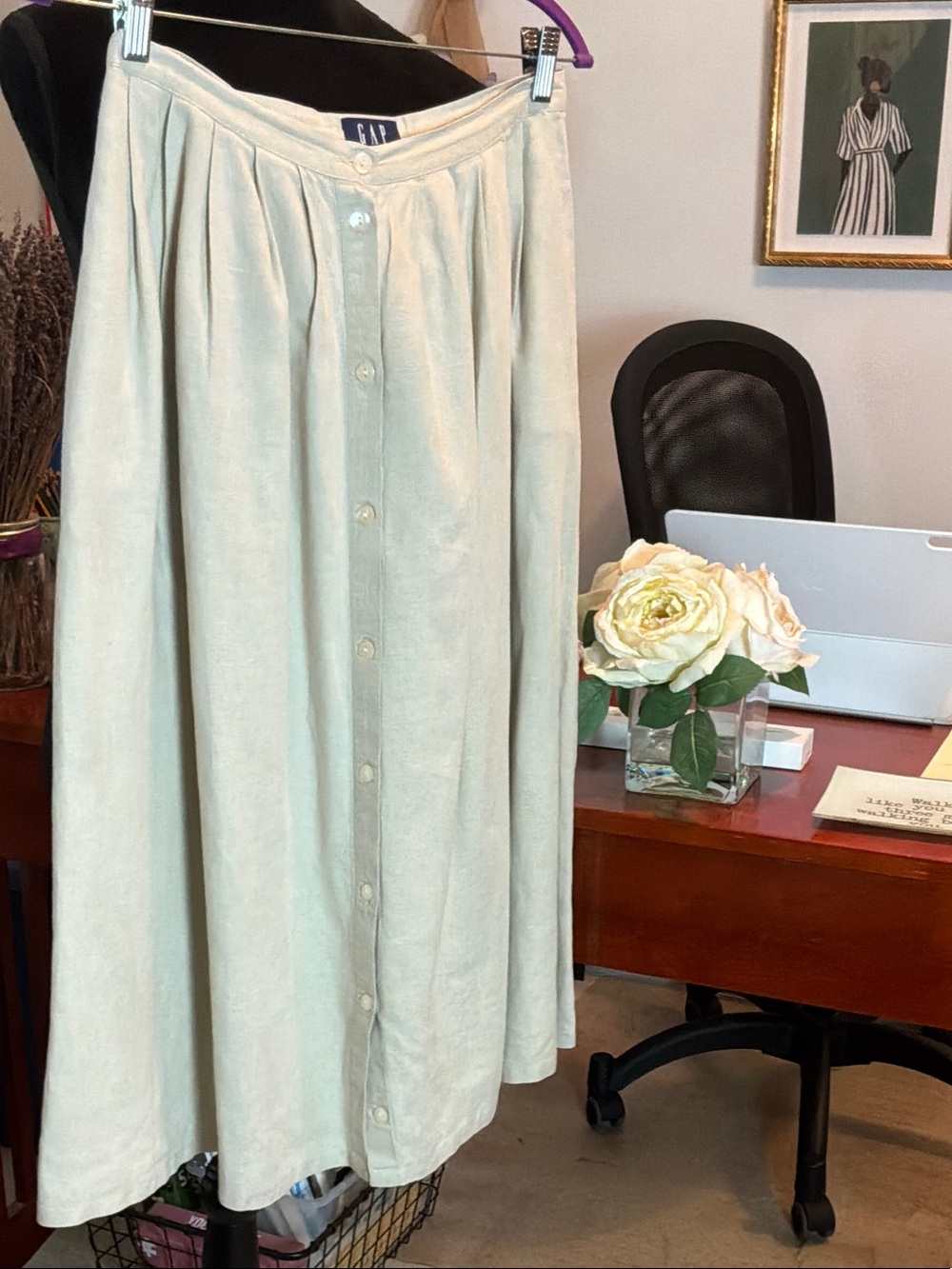 GAP Button-Front Midi Skirt in Light Linen khaki
